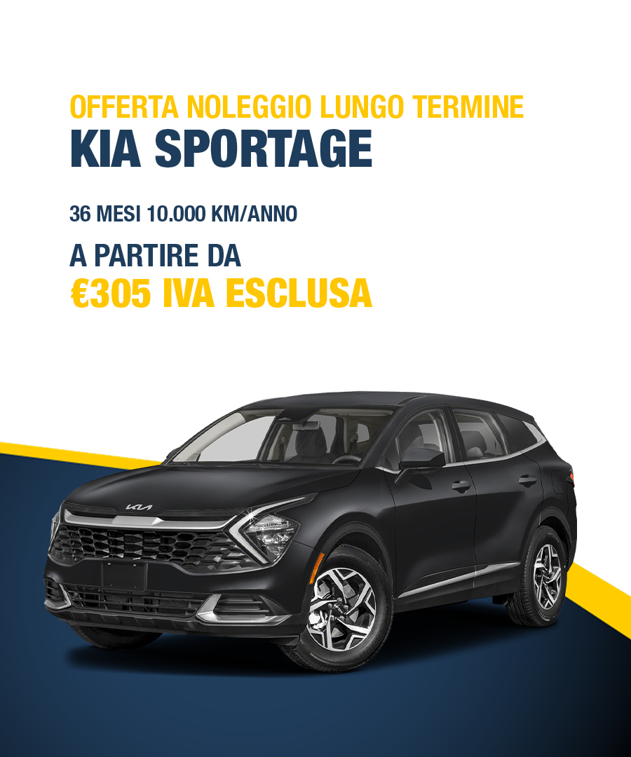 Promotional ad for Kia Sportage long-term rental: 36 months, 10,000 km/year, from €305 (IVA esclusa) i/o price shown in Italian text.