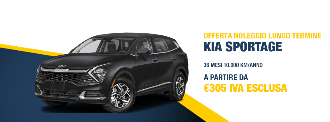 Promotional banner showing a black Kia Sportage with Italian text offering long-term rental from €305 excluding VAT, starting price emphasized to the right.