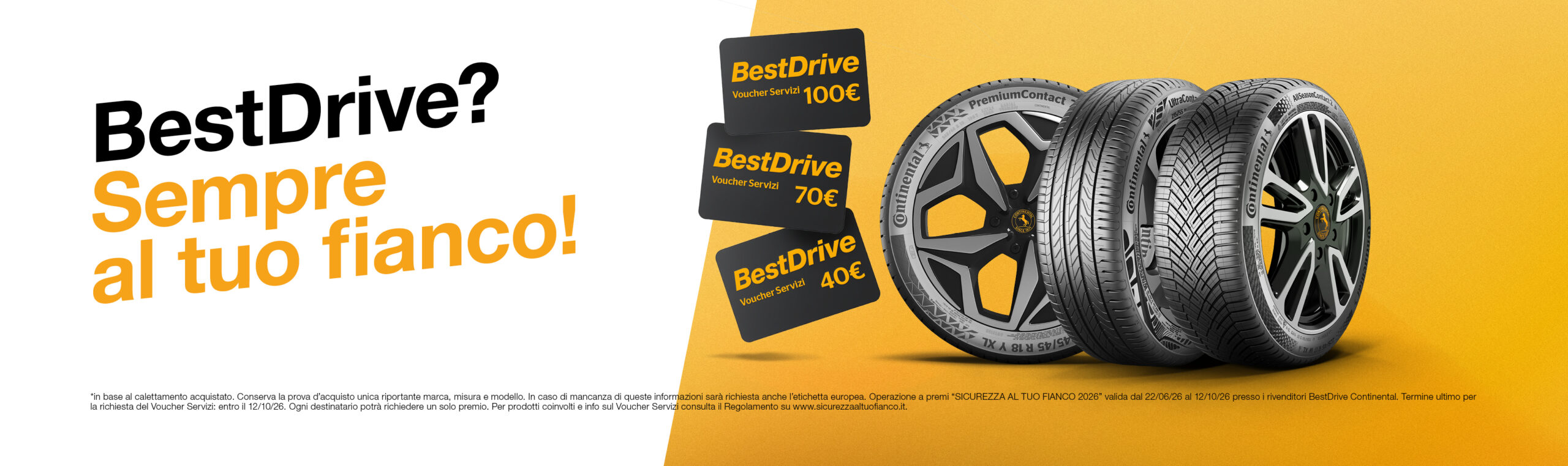 Advertisement banner for BestDrive with tires and voucher cards, Italian slogan 'Sempre al tuo fianco!'
